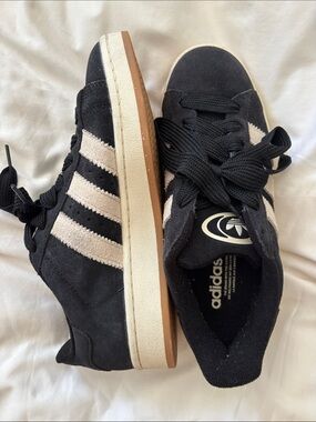 adidas Black Suede Sneakers with Cream Stripes and Gum Sole
